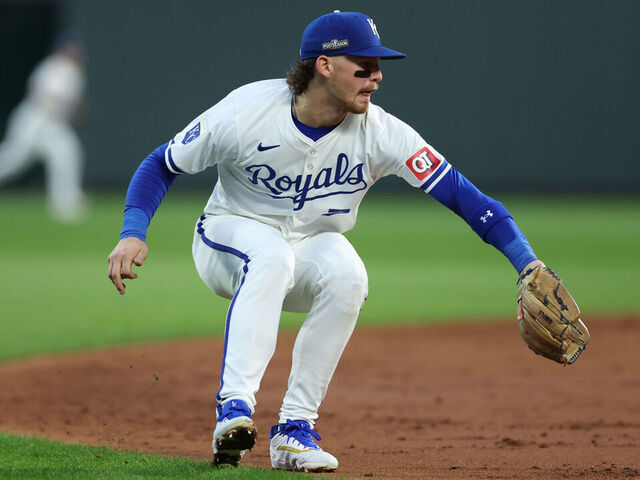 KANSAS CITY, MO - OCTOBER 09: Kansas City Royals shortstop Bobby Witt Jr. (7) fields a ground ball in the third inning of game 3 of the ALDS between the New York Yankees and Kansas City Royals on October 9, 2024 at Kauffman Stadium in Kansas City, MO.