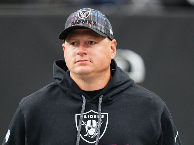 LAS VEGAS, NEVADA - OCTOBER 13: Offensive coordinator Luke Getsy of the Las Vegas Raiders looks on before a game against the Pittsburgh Steelers at Allegiant Stadium on October 13, 2024 in Las Vegas, Nevada.