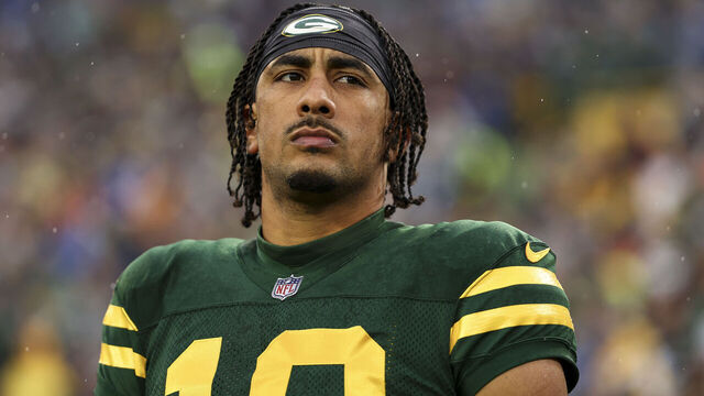 GREEN BAY, WISCONSIN - NOVEMBER 03: Jordan Love #10 of the Green Bay Packers stands on the sidelines during the national anthem prior to an NFL football game against the Detroit Lions at Lambeau Field on November 3, 2024 in Green Bay, Wisconsin.