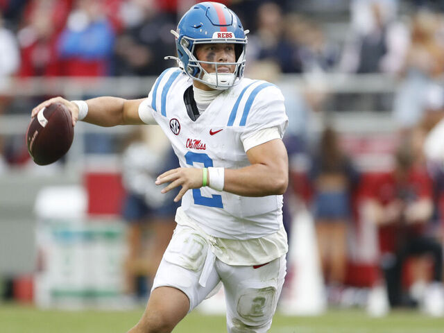 FAYETTEVILLE, AR - NOVEMBER 02: Mississippi Rebels quarterback Jaxson Dart (2) looks to pass the football during the college football game between the Mississippi Rebels and Arkansas Razorbacks on November 2, 2024, at Donald W. Reynolds Razorback Stadium in Fayetteville, Arkansas.
