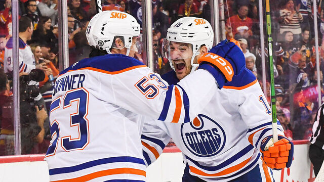 CALGARY, CANADA - NOVEMBER 3: Jeff Skinner #53 of the Edmonton Oilers celebrates with teammate Zach Hyman #18 after Skinner scored against the Calgary Flames during the first period at Scotiabank Saddledome on November 3, 2024 in Calgary, Alberta, Canada.