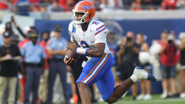 JACKSONVILLE, FL - NOVEMBER 02: Florida Gators quarterback DJ Lagway (2) rushes the ball during the college football game between the Georgia Bulldogs and the Florida Gators on November 02, 2024, at EverBank Stadium in Jacksonville, FL.