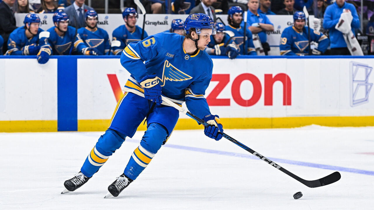 ST. LOUIS, MO - NOVEMBER 02: St. Louis Blues defenseman Philip Broberg (6) skates with the puck during a regular season game where the St. Louis Blues hosted the Toronto Maple Leafs on November 02, 2024, at the Enterprise Center in St. Louis MO