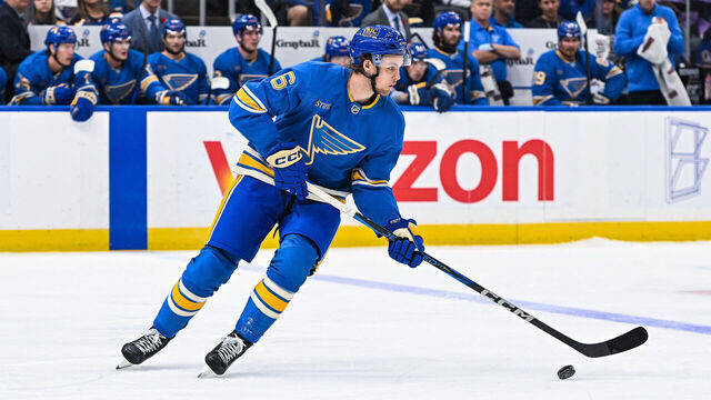 ST. LOUIS, MO - NOVEMBER 02: St. Louis Blues defenseman Philip Broberg (6) skates with the puck during a regular season game where the St. Louis Blues hosted the Toronto Maple Leafs on November 02, 2024, at the Enterprise Center in St. Louis MO