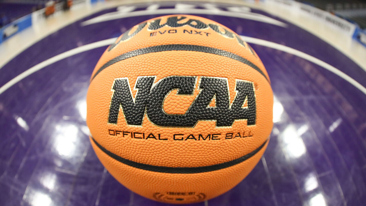 MANHATTAN, KS - MARCH 22: A view of the NCAA logo on a basketball before the Portland Pilots game versus the Kansas State Wildcats in the first round of the NCAA Division I Women's Championship on Mar 22, 2024 at Bramlage Coliseum in Manhattan, KS.