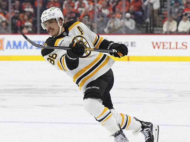 PHILADELPHIA, PENNSYLVANIA - NOVEMBER 2: David Pastrnak #88 of the Boston Bruins shoots the puck against the Philadelphia Flyers at the Wells Fargo Center on November 2, 2024 in Philadelphia, Pennsylvania. The Bruins defeated the Flyers 3-0.