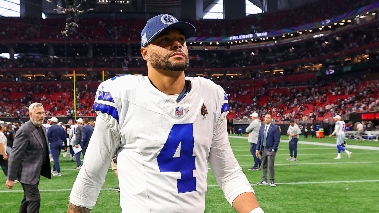 ATLANTA, GEORGIA - NOVEMBER 03: Dak Prescott #4 of the Dallas Cowboys walks off the field after a loss to the Atlanta Falcons at Mercedes-Benz Stadium on November 03, 2024 in Atlanta, Georgia.