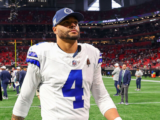 ATLANTA, GEORGIA - NOVEMBER 03: Dak Prescott #4 of the Dallas Cowboys walks off the field after a loss to the Atlanta Falcons at Mercedes-Benz Stadium on November 03, 2024 in Atlanta, Georgia.