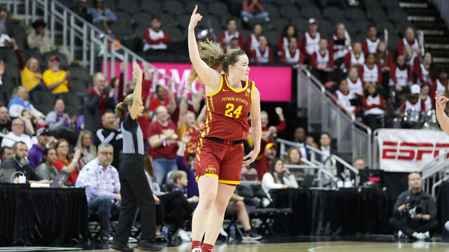KANSAS CITY, MO - MARCH 11: Iowa State Cyclones forward Addy Brown (24) raises her hand after hitting a three late in the second quarter of a women's Big 12 tournament semifinal game between the Iowa State Cyclones and Oklahoma Sooners on Mar 11, 2024 at T-Mobile Center in Kansas City, MO.