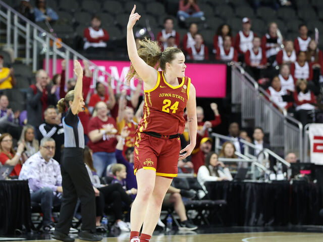 KANSAS CITY, MO - MARCH 11: Iowa State Cyclones forward Addy Brown (24) raises her hand after hitting a three late in the second quarter of a women's Big 12 tournament semifinal game between the Iowa State Cyclones and Oklahoma Sooners on Mar 11, 2024 at T-Mobile Center in Kansas City, MO.