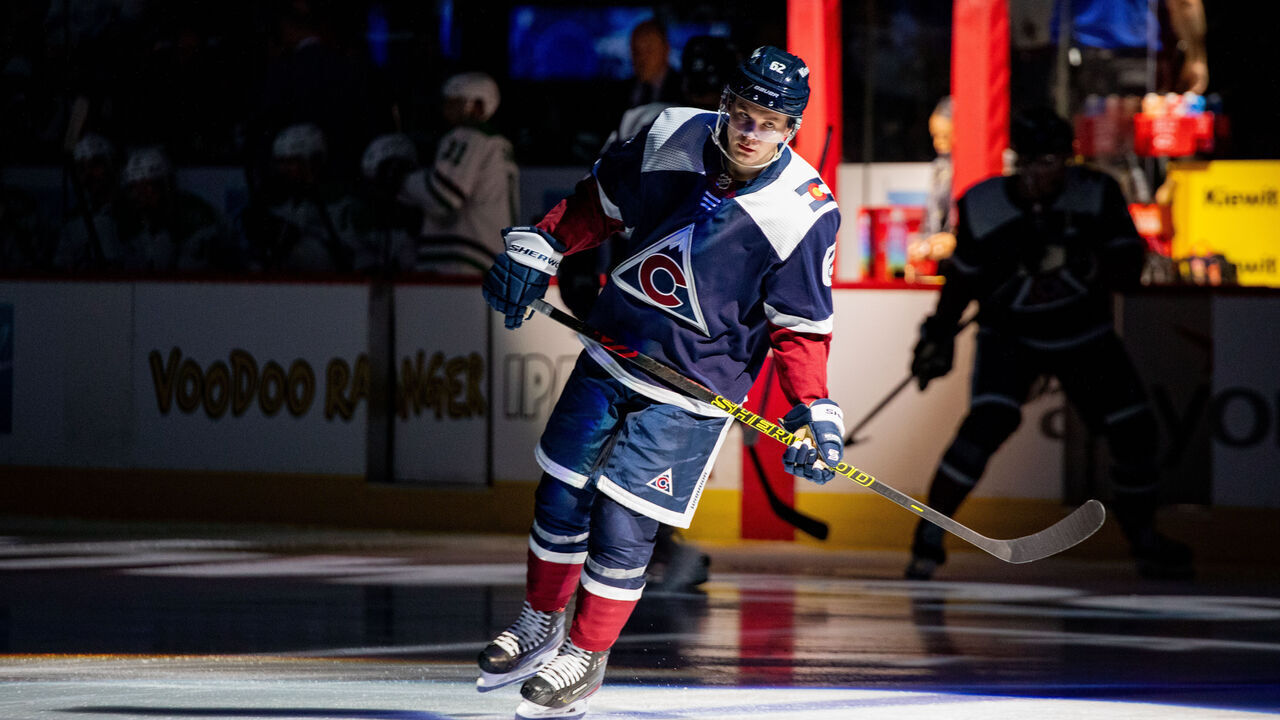 DENVER, COLORADO - FEBRUARY 27: Artturi Lehkonen #62 of the Colorado Avalanche skates in the spotlight ahead of the game against the Dallas Stars at Ball Arena on February 27, 2024 in Denver, Colorado.