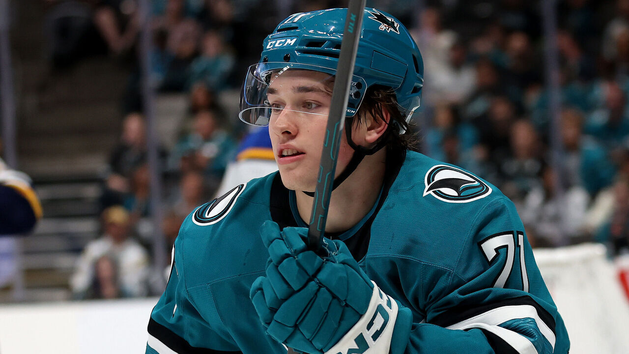 SAN JOSE, CALIFORNIA - OCTOBER 10: Macklin Celebrini #71 of the San Jose Sharks skates on the ice during their game against the St. Louis Blues at SAP Center on October 10, 2024 in San Jose, California. This is Celebrini's first career NHL game.