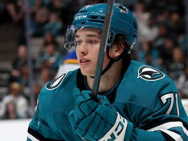 SAN JOSE, CALIFORNIA - OCTOBER 10: Macklin Celebrini #71 of the San Jose Sharks skates on the ice during their game against the St. Louis Blues at SAP Center on October 10, 2024 in San Jose, California. This is Celebrini's first career NHL game.