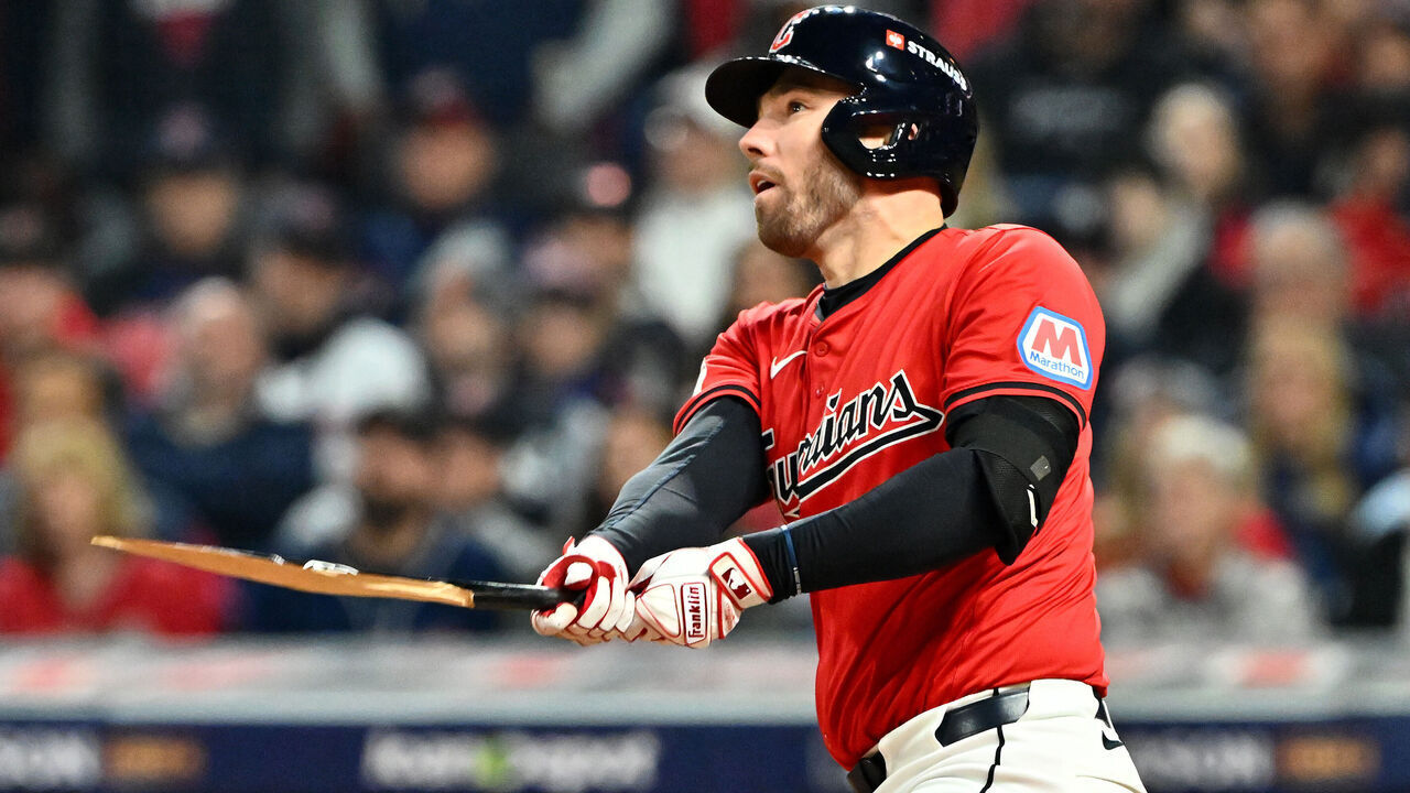 CLEVELAND, OHIO - OCTOBER 19: David Fry #6 of the Cleveland Guardians breaks his bat hitting a single in the fifth inning against the New York Yankees during Game Five of the American League Championship Series at Progressive Field on October 19, 2024 in Cleveland, Ohio.