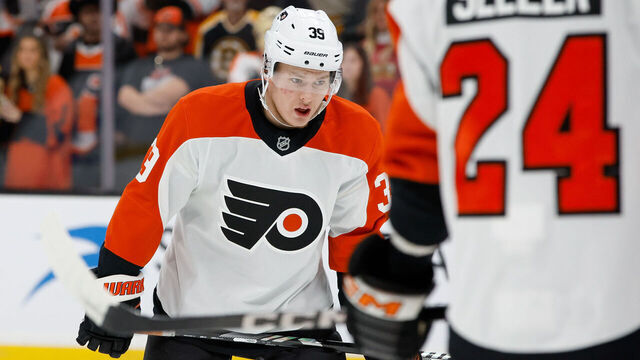 BOSTON, MASSACHUSETTS - OCTOBER 29: Matvei Michkov #39 of the Philadelphia Flyers warms up prior to a game against the Boston Bruins at the TD Garden on October 29, 2024 in Boston, Massachusetts. The Flyers won 2-0.