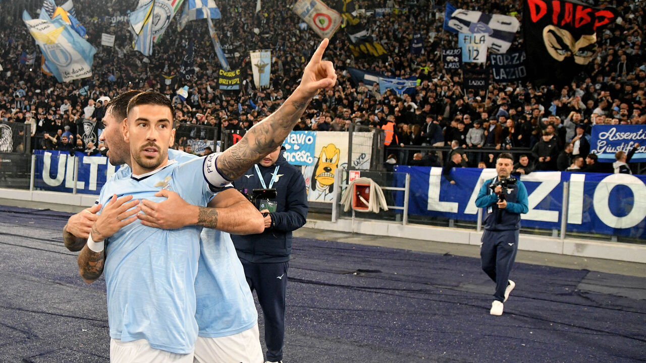 ROME, ITALY - NOVEMBER 04: Mattia Zaccagni of SS Lazio celebrates a second goal, a penalty, during the Serie match between Lazio and Cagliari at Stadio Olimpico on November 04, 2024 in Rome, Italy.
