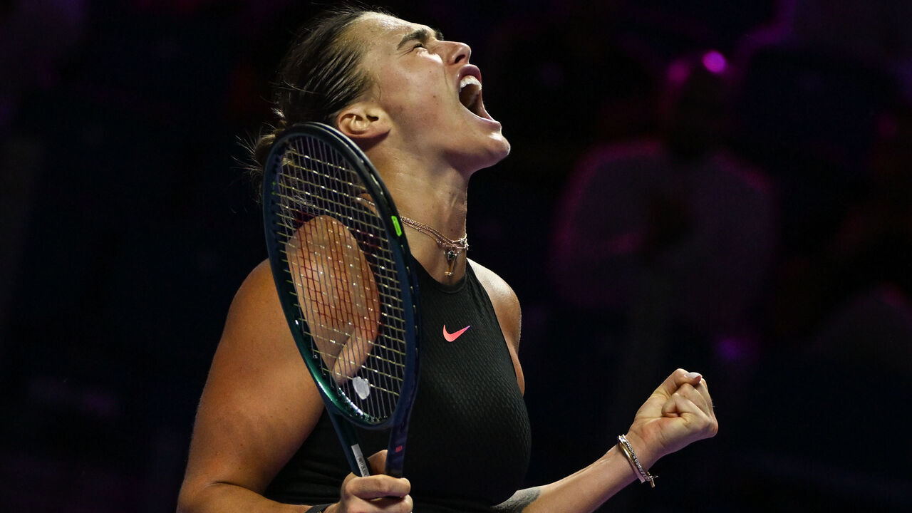 RIYADH, SAUDI ARABIA - NOVEMBER 04: Aryna Sabalenka of Belarus during her match against Jasmine Paolini of Italy on day 3 of the 2024 WTA Finals, part of the Hologic WTA Tour, held at King Saud University Indoor Arena on November 04, 2024, in Riyadh, Saudi Arabia.