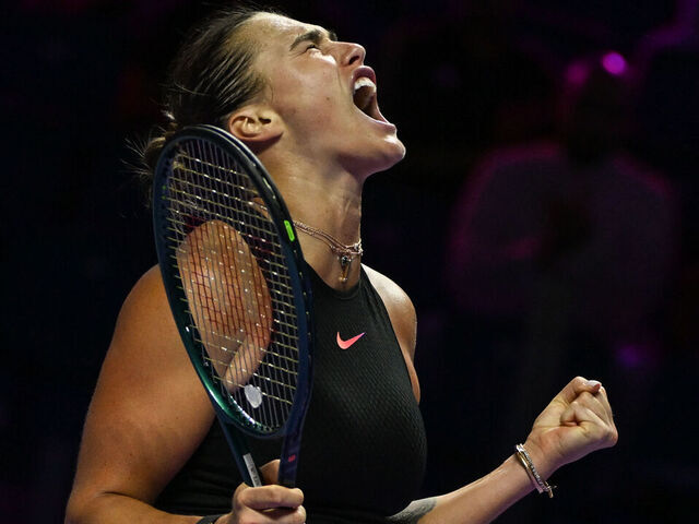 RIYADH, SAUDI ARABIA - NOVEMBER 04: Aryna Sabalenka of Belarus during her match against Jasmine Paolini of Italy on day 3 of the 2024 WTA Finals, part of the Hologic WTA Tour, held at King Saud University Indoor Arena on November 04, 2024, in Riyadh, Saudi Arabia.