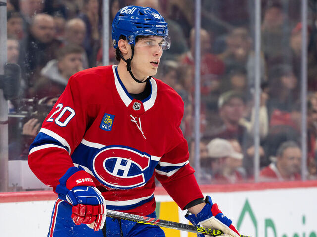 MONTREAL, CANADA- OCTOBER 29: Juraj Slafkovsky #20 of the Montreal Canadiens looks on during the first period of the NHL regular season game between the Montreal Canadiens and the Seattle Kraken at the Bell Centre on October 29, 2024 in Montreal, Quebec, Canada. The Seattle Kraken defeated the Montreal Canadiens by a score of 8-2.