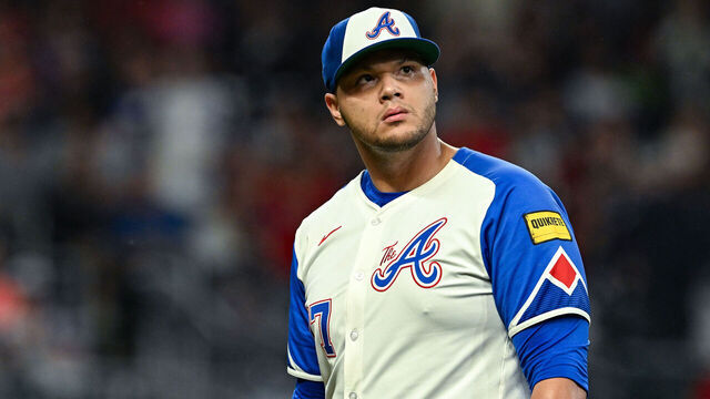 ATLANTA, GA SEPTEMBER 28: Atlanta pitcher Joe Jimenez (77) reacts during the MLB game between the Kansas City Royals and the Atlanta Braves on September 28th, 2024 at Truist Park in Atlanta, GA.