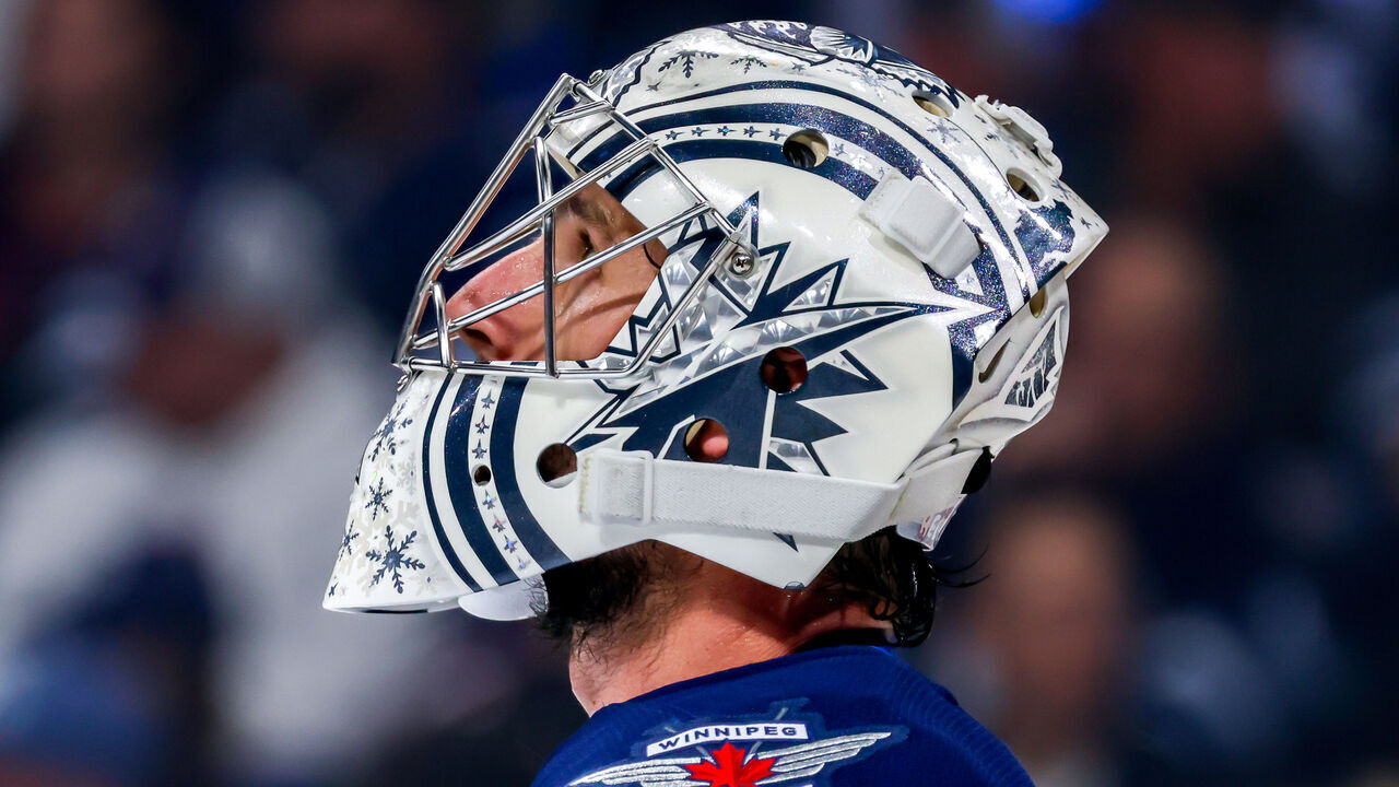 WINNIPEG, CANADA - OCTOBER 28: Goaltender Connor Hellebuyck #37 of the Winnipeg Jets looks on during a first period stoppage of play against the Toronto Maple Leafs at Canada Life Centre on October 28, 2024 in Winnipeg, Manitoba, Canada.