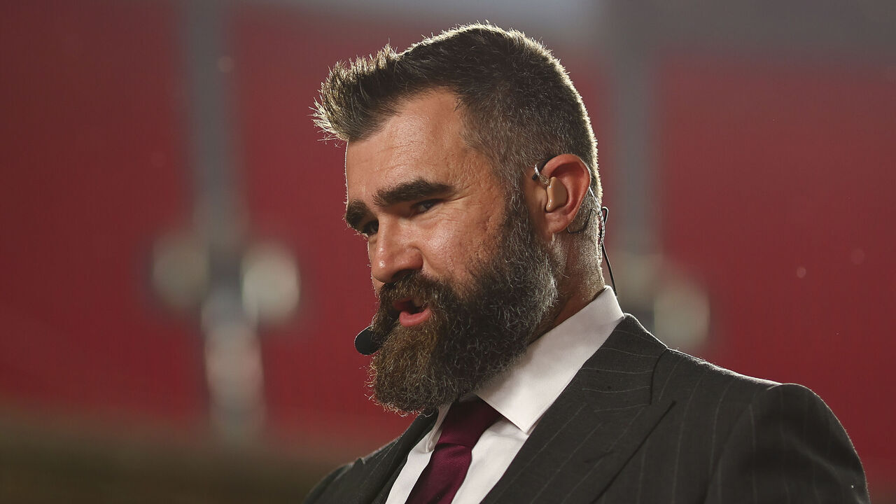 KANSAS CITY, MISSOURI - NOVEMBER 4: ESPN analyst Jason Kelce on set prior to the game between the Kansas City Chiefs and the Tampa Bay Buccaneers at GEHA Field at Arrowhead Stadium on November 4, 2024 in Kansas City, Missouri.