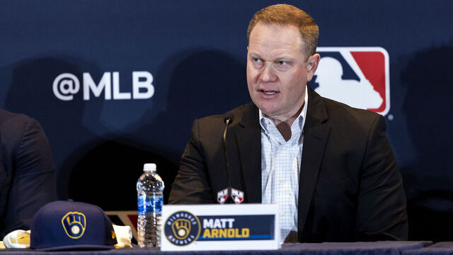 NASHVILE, TN - DECEMBER 04: Milwaukee Brewers General Manager Matt Arnold talks to the media during the Jackson Chourio Press Conference at the Gaylord Opryland Resort & Convention Center on Monday, December 4, 2023 in Nashvile, Tennessee.