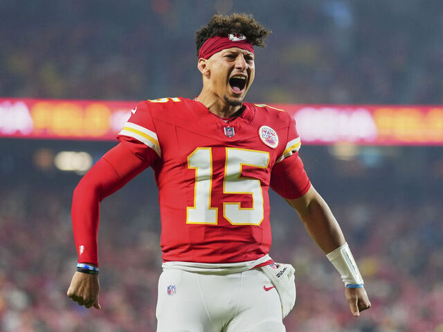 KANSAS CITY, MO - NOVEMBER 04: Patrick Mahomes #15 of the Kansas City Chiefs yells before kickoff against the Tampa Bay Buccaneers during an NFL football game at GEHA Field at Arrowhead Stadium on November 4, 2024 in Kansas City, Missouri.