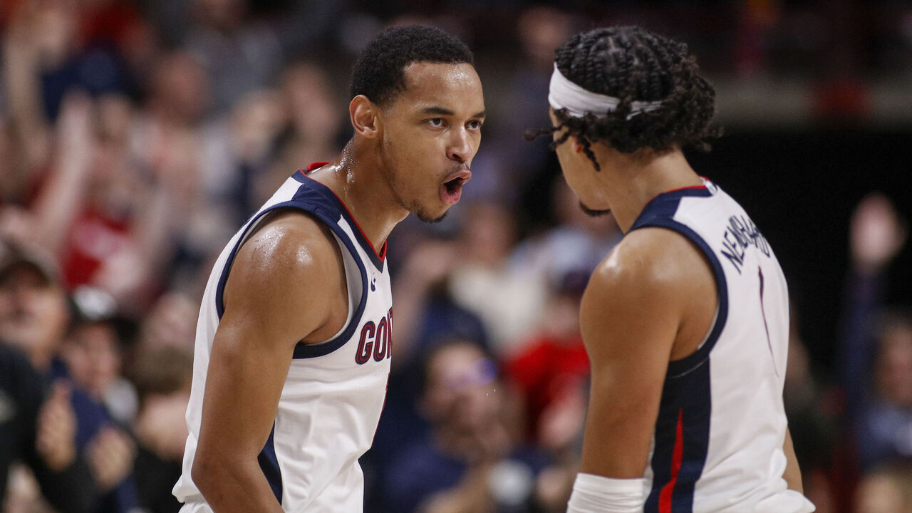 SPOKANE, WA - NOVEMBER 04: Gonzaga Bulldogs guard Nolan Hickman (11) celebrates a play with Gonzaga Bulldogs guard Ryan Nembhard (0) during the game between the Baylor Bears and the Gonzaga Bulldogs on November 4, 2024, at the Spokane Arena in Spokane, WA.