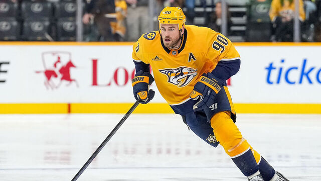 NASHVILLE, TENNESSEE - OCTOBER 26: Ryan O'Reilly #90 of the Nashville Predators skates against the Columbus Blue Jackets during an NHL game at Bridgestone Arena on October 26, 2024 in Nashville, Tennessee.