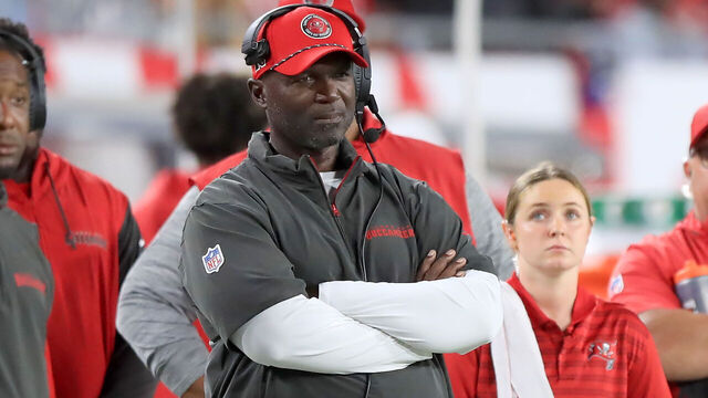 TAMPA, FL - OCTOBER 21: Tampa Bay Buccaneers Head Coach Todd Bowles watches the action on the field during the game between the Baltimore Ravens and the Tampa Bay Buccaneers on October 21, 2024 at Raymond James Stadium in Tampa, Florida.