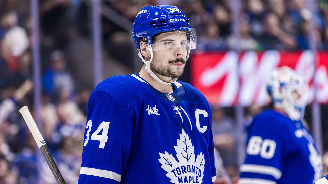 TORONTO, ON - OCTOBER 31: Toronto Maple Leafs center Auston Matthews (34) is seen during a break in the second period of an NHL game between the Seattle Kraken and the Toronto Maple Leafs on October 31, 2024, at Scotiabank Arena in Toronto, ON.