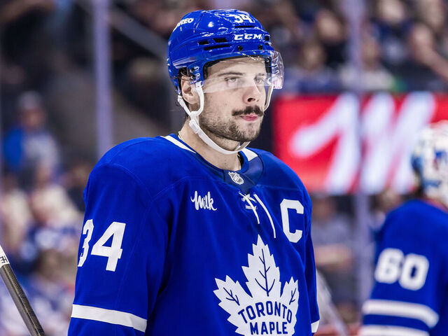 TORONTO, ON - OCTOBER 31: Toronto Maple Leafs center Auston Matthews (34) is seen during a break in the second period of an NHL game between the Seattle Kraken and the Toronto Maple Leafs on October 31, 2024, at Scotiabank Arena in Toronto, ON.