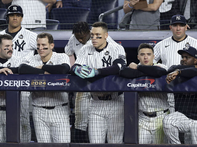 NEW YORK, NEW YORK - OCTOBER 30: (NEW YORK DAILIES OUT) The New York Yankees look on from the dugout during the ninth inning against the Los Angeles Dodgers during Game Five of the 2024 World Series at Yankee Stadium on October 30, 2024 in New York City. The Dodgers defeated the Yankees 7-6.