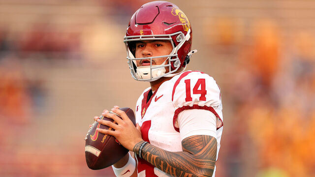 MINNEAPOLIS, MINNESOTA - OCTOBER 05: Jayden Maiava #14 of the USC Trojans warms up prior to the start of the game against the Minnesota Golden Gophers at Huntington Bank Stadium on October 05, 2024 in Minneapolis, Minnesota. The Golden Gophers defeated the Trojans 24-17.