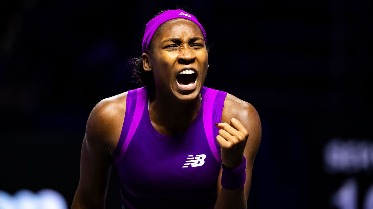 RIYADH, SAUDI ARABIA - NOVEMBER 05: Coco Gauff of the United States reacts to converting match point against Iga Swiatek of Poland in her second round robin match on Day 4 of WTA Finals Riyadh as part of the Hologic WTA Tour 2024 at King Saud University Indoor Arena on November 05, 2024 in Riyadh, Saudi Arabia
