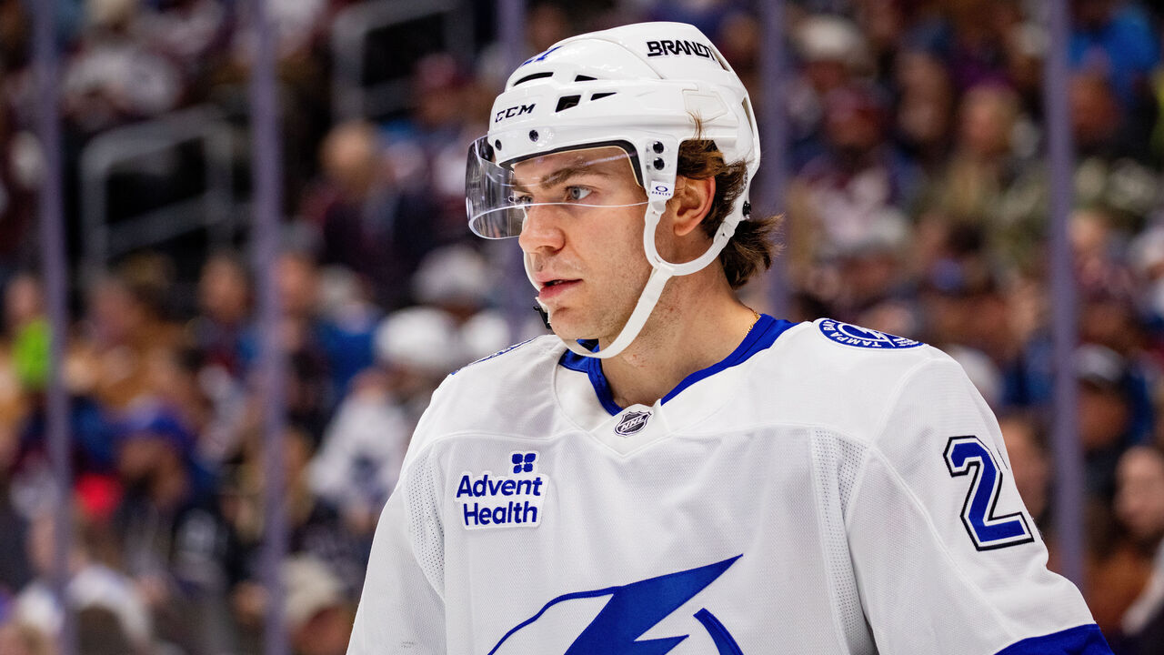 DENVER, COLORADO - OCTOBER 30: Brayden Point #21 of the Tampa Bay Lightning looks ahead during a pause in the game against the Colorado Avalanche at Ball Arena on October 30, 2024 in Denver, Colorado.
