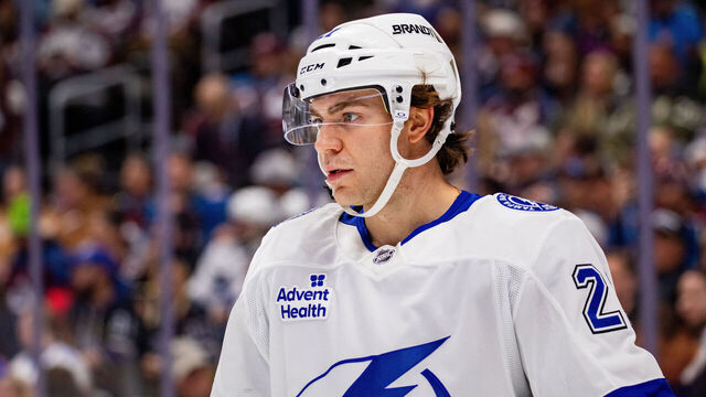 DENVER, COLORADO - OCTOBER 30: Brayden Point #21 of the Tampa Bay Lightning looks ahead during a pause in the game against the Colorado Avalanche at Ball Arena on October 30, 2024 in Denver, Colorado.