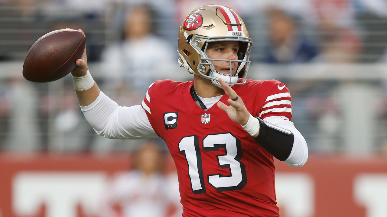 SANTA CLARA, CALIFORNIA - OCTOBER 27: Brock Purdy #13 of the San Francisco 49ers passes the ball in the first quarter against the Dallas Cowboys at Levi's Stadium on October 27, 2024 in Santa Clara, California.