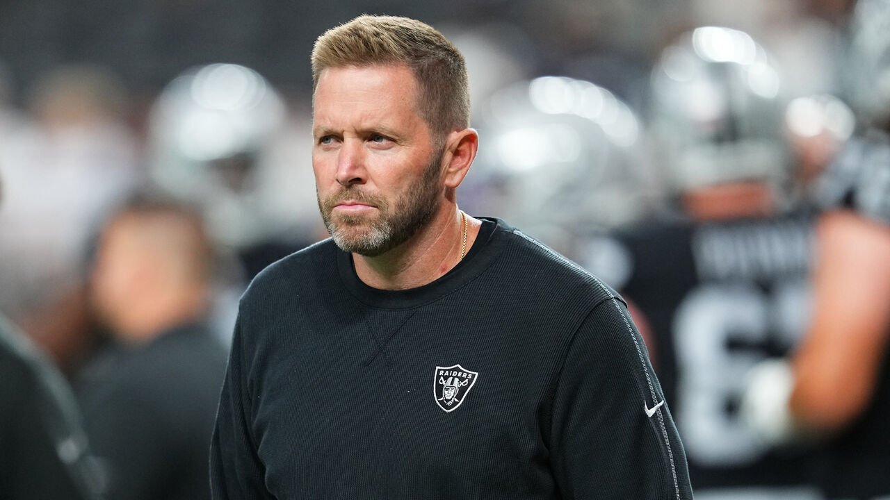 LAS VEGAS, NEVADA - AUGUST 17: Pass game coordinator Scott Turner of the Las Vegas Raiders looks on before a preseason game against the Dallas Cowboys at Allegiant Stadium on August 17, 2024 in Las Vegas, Nevada.