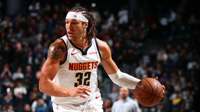 BROOKLYN, NY - OCTOBER 29: Aaron Gordon #32 of the Denver Nuggets handles the ball during the game against the Brooklyn Nets on October 29, 2024 at Barclays Center in Brooklyn, New York. Mandatory Copyright Notice: Copyright 2024 NBAE