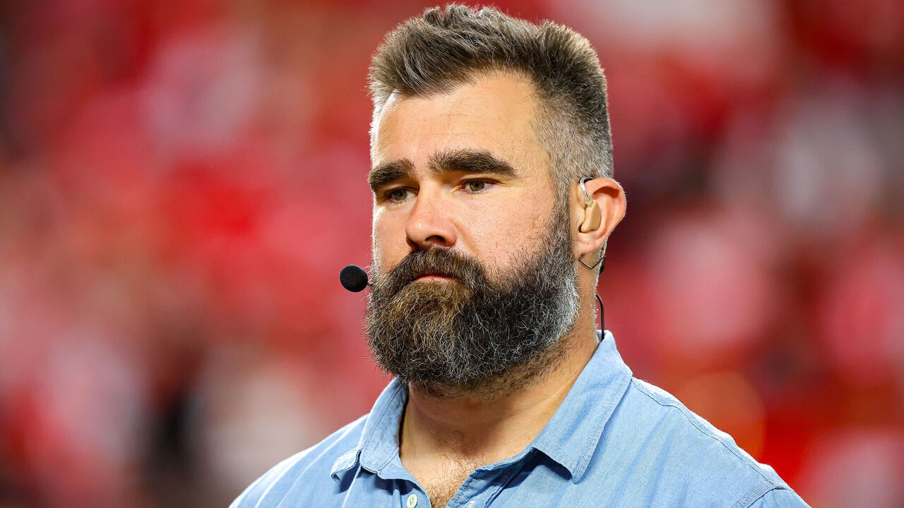 KANSAS CITY, MISSOURI - OCTOBER 7: Jason Kelce works as a broadcaster on Monday Night Football prior to the game between the Kansas City Chiefs and the New Orleans Saints at GEHA Field at Arrowhead Stadium on October 7, 2024 in Kansas City, Missouri.