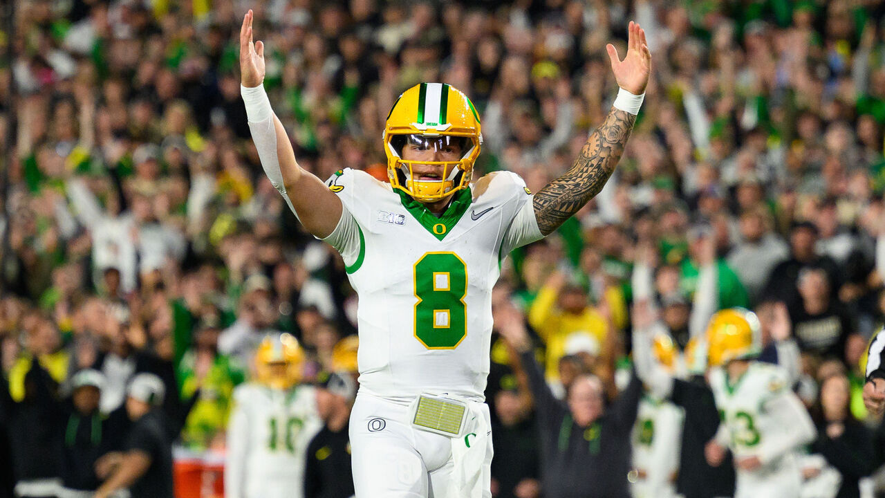 WEST LAFAYETTE, IN - OCTOBER 18: Oregon Ducks quarterback Dillon Gabriel (8) celebrates a touchdown during the college football game between the Purdue Boilermakers and Oregon Ducks on October 18, 2024, at Ross-Ade Stadium in West Lafayette, IN.