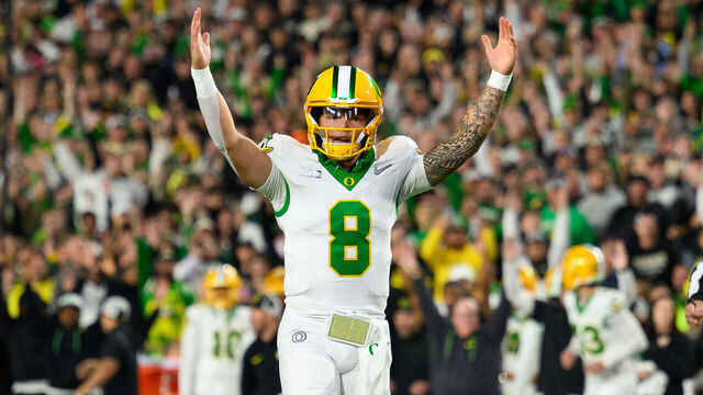 WEST LAFAYETTE, IN - OCTOBER 18: Oregon Ducks quarterback Dillon Gabriel (8) celebrates a touchdown during the college football game between the Purdue Boilermakers and Oregon Ducks on October 18, 2024, at Ross-Ade Stadium in West Lafayette, IN.