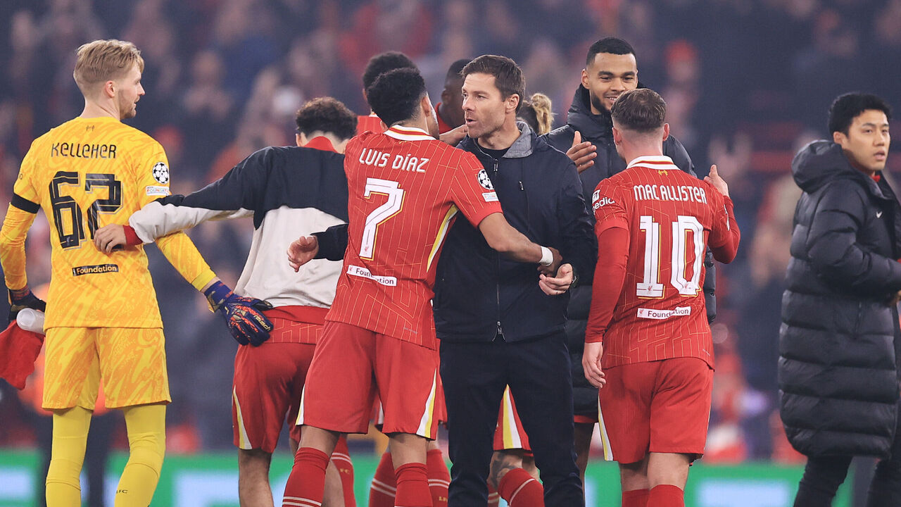 LIVERPOOL, ENGLAND - NOVEMBER 5: Bayer Leverkusen coach Xabi Alonso greets Luis Diaz of Liverpool after the UEFA Champions League 2024/25 League Phase MD4 match between Liverpool FC and Bayer 04 Leverkusen at Anfield on November 5, 2024 in Liverpool, England.