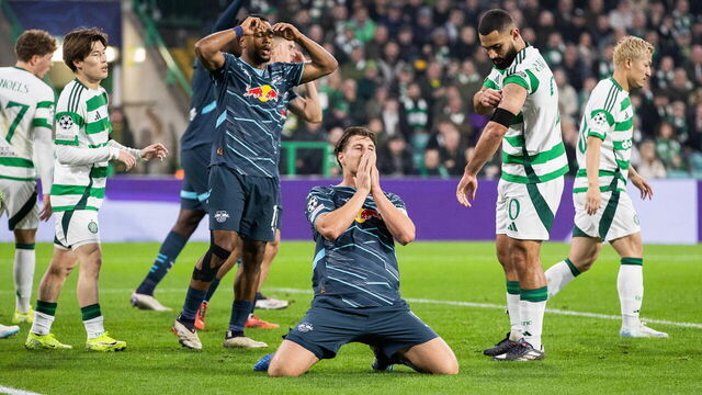 GLASGOW, SCOTLAND - NOVEMBER 05: Leipzig's Willi Orban looks dejected after missing a chance during a UEFA Champions League 2024/25 League Phase MD4 match between Celtic and RB Leipzig at Celtic Park, on November 05, 2024, in Glasgow, Scotland.