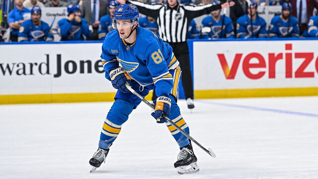 ST. LOUIS, MO - NOVEMBER 02: St. Louis Blues center Dylan Holloway (81) during a regular season game where the St. Louis Blues hosted the Toronto Maple Leafs on November 02, 2024, at the Enterprise Center in St. Louis MO