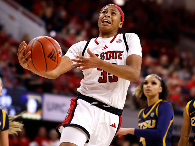 RALEIGH, NORTH CAROLINA - NOVEMBER 5: Zoe Brooks #35 of the NC State Wolfpack goes to the basket against the East Tennessee State Lady Buccaneers during the first half of the game at Reynolds Coliseum on November 5, 2024 in Raleigh, North Carolina.