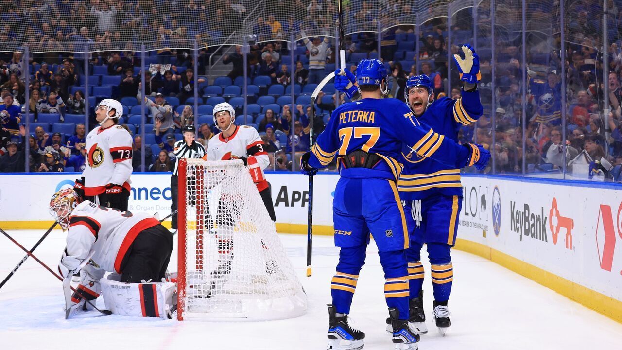 BUFFALO, NEW YORK - NOVEMBER 5: Jason Zucker #17 of the Buffalo Sabres reacts to a goal by JJ Peterka #77 against Linus Ullmark #35 of the Ottawa Senators during an NHL game on November 5, 2024 at KeyBank Center in Buffalo, New York.