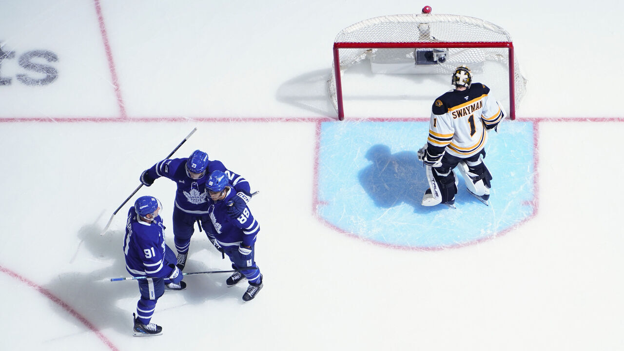 TORONTO, ON - NOVEMBER 5: Matthew Knies #23 of the Toronto Maple Leafs celebrates his goal against the Boston Bruins with teammates John Tavares #91 and William Nylander #88 during the third period at the Scotiabank Arena on November 5, 2024 in Toronto, Ontario, Canada.